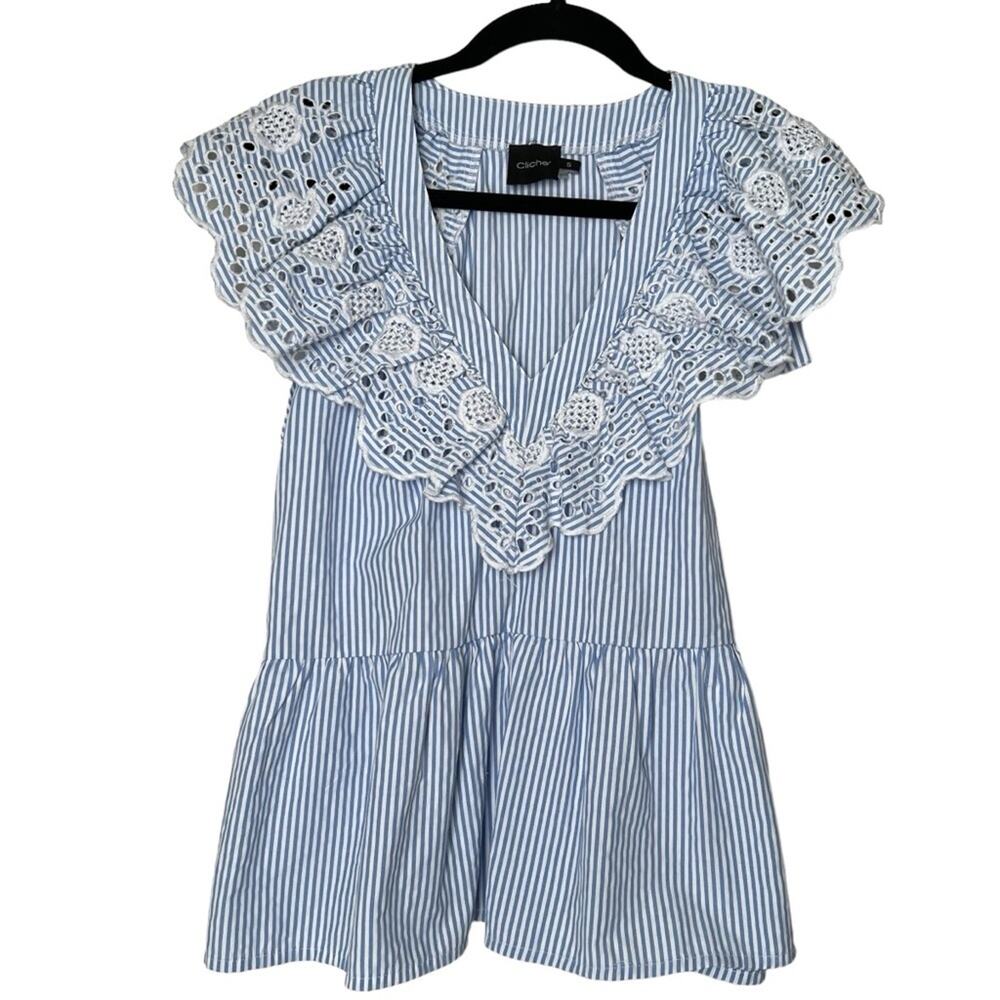 Cliche Striped Women’s Tank Blouse Blue White Eyelet back tie peplum size Small